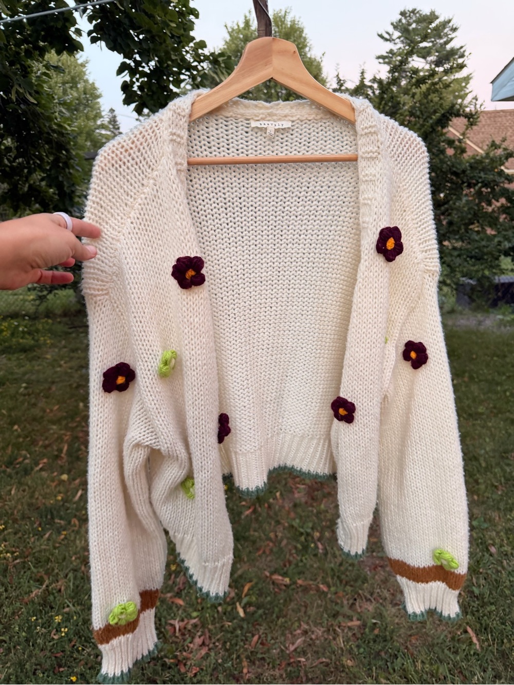 Cream Floral-Appliqué Open Knit Cardigan